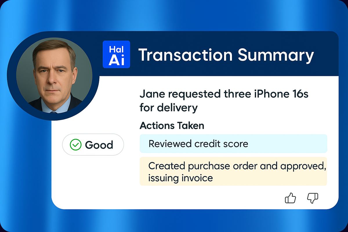 Mockup of a WhatsApp conversation in a financial services case: the customer asks about the status of their payroll loan contract and the Hal-AI agent replies with the lookup it ran in the system, confirming the details and explaining the next step.