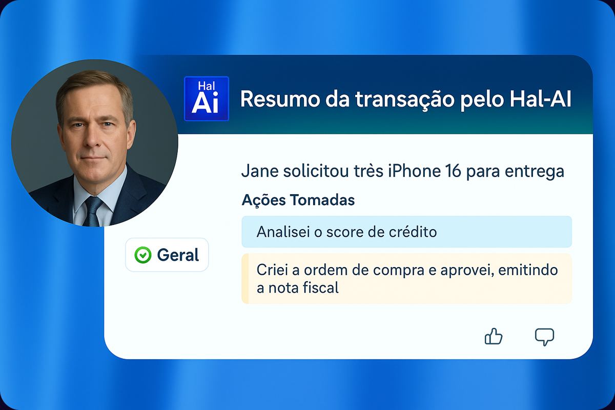 Mockup de conversa no WhatsApp em um caso financeiro: o cliente pergunta sobre a situação do seu contrato de crédito consignado e o agente da Hal-AI responde com a consulta feita no sistema, confirmando os dados e explicando o próximo passo do atendimento.