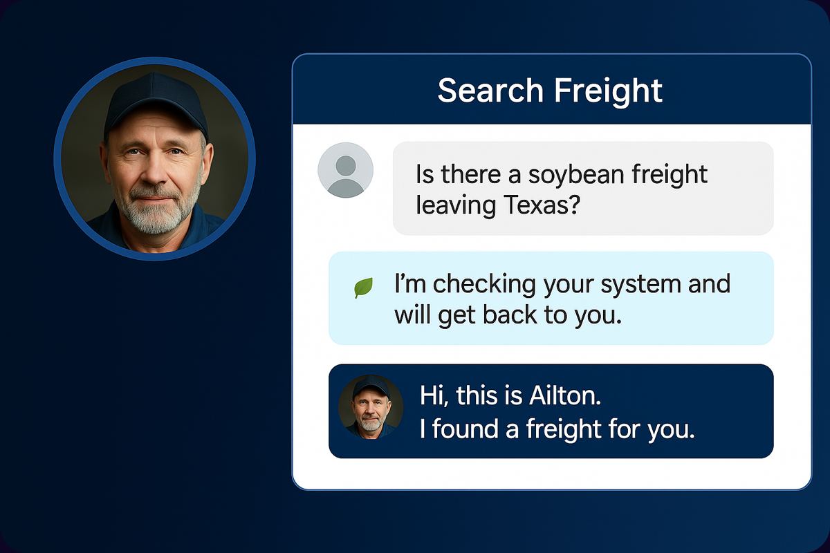 Hal-AI conversation mockup at a freight service: the customer asks whether there is a soybean load leaving Pará, the agent replies that it is searching the customer's system and will get back shortly, and then writes back saying it found a load.