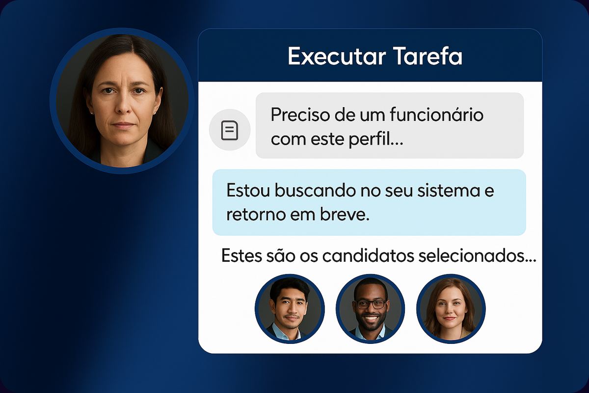 Mockup de painel intitulado “Executar tarefa”: a gestora escreve “Preciso de um funcionário com este perfil…”; o agente responde “Estou buscando no seu sistema e retorno em breve.” e depois apresenta “Estes são os candidatos selecionados…” com três fotos de candidatos
