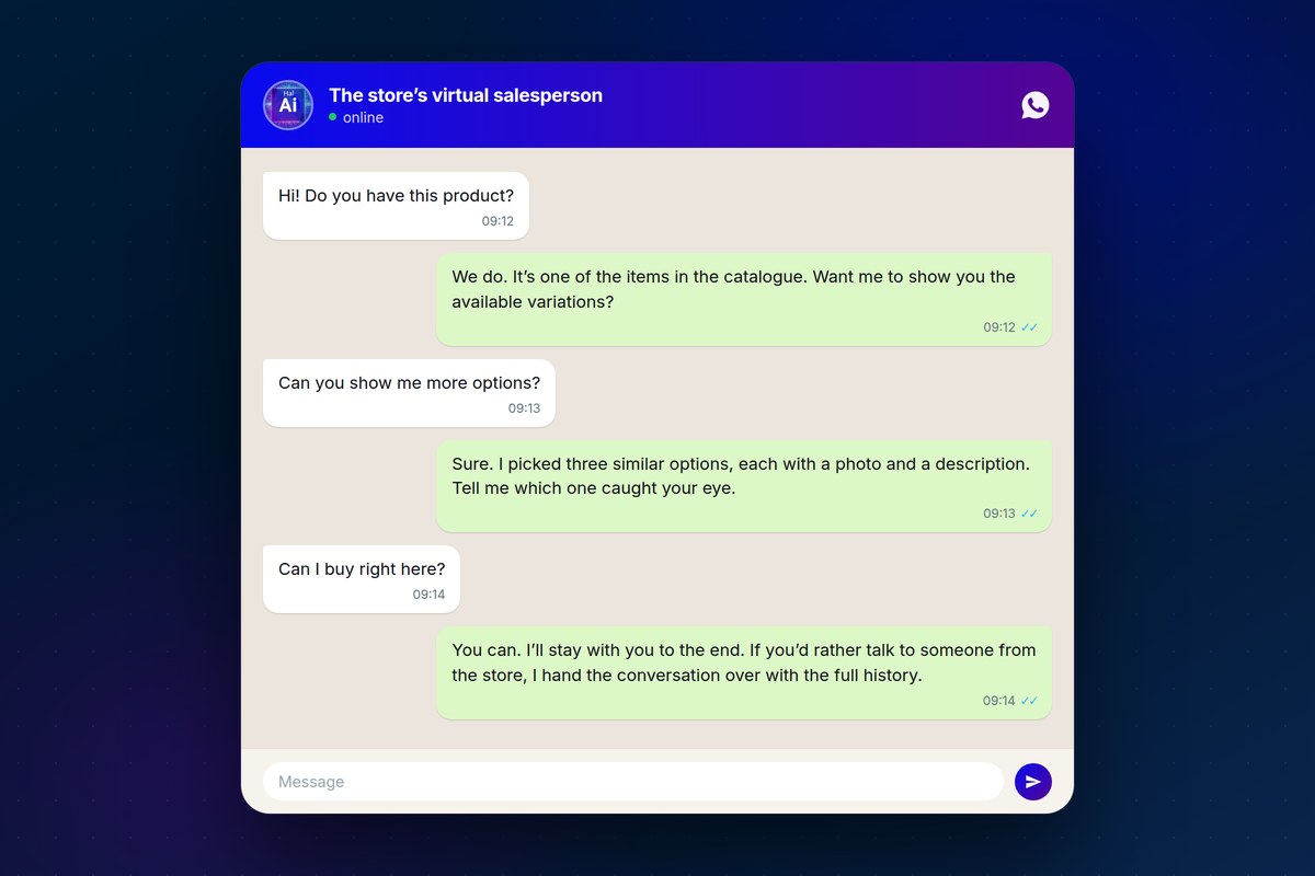 Mockup of a retail conversation on WhatsApp: the customer asks about a product and the Hal-AI agent replies with options from the store catalog, staying with the customer through checkout.