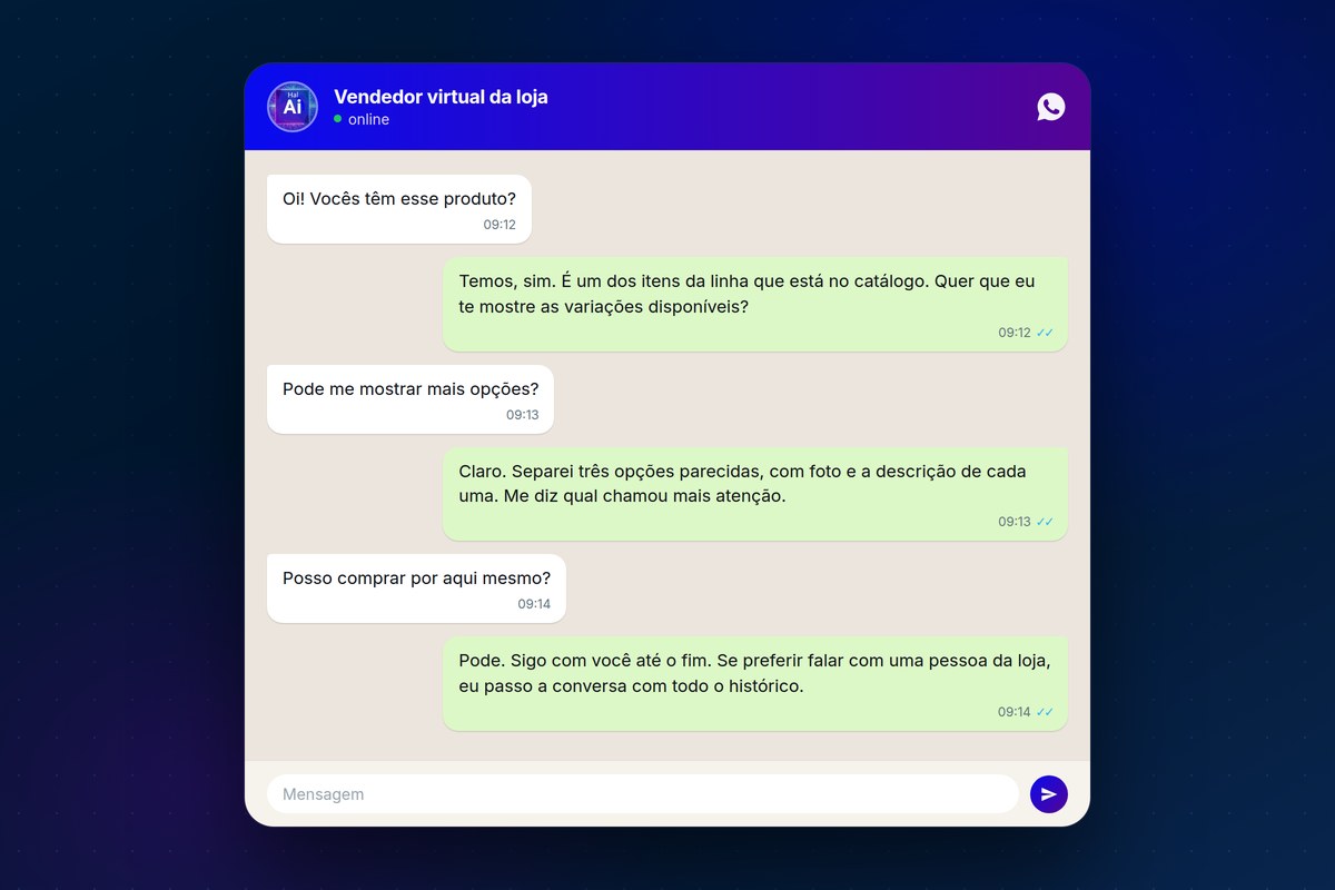 Mockup de conversa de varejo no WhatsApp: o cliente pergunta sobre um produto e o agente Hal-AI responde apresentando as opções do catálogo da loja e seguindo com o atendimento até o fechamento.