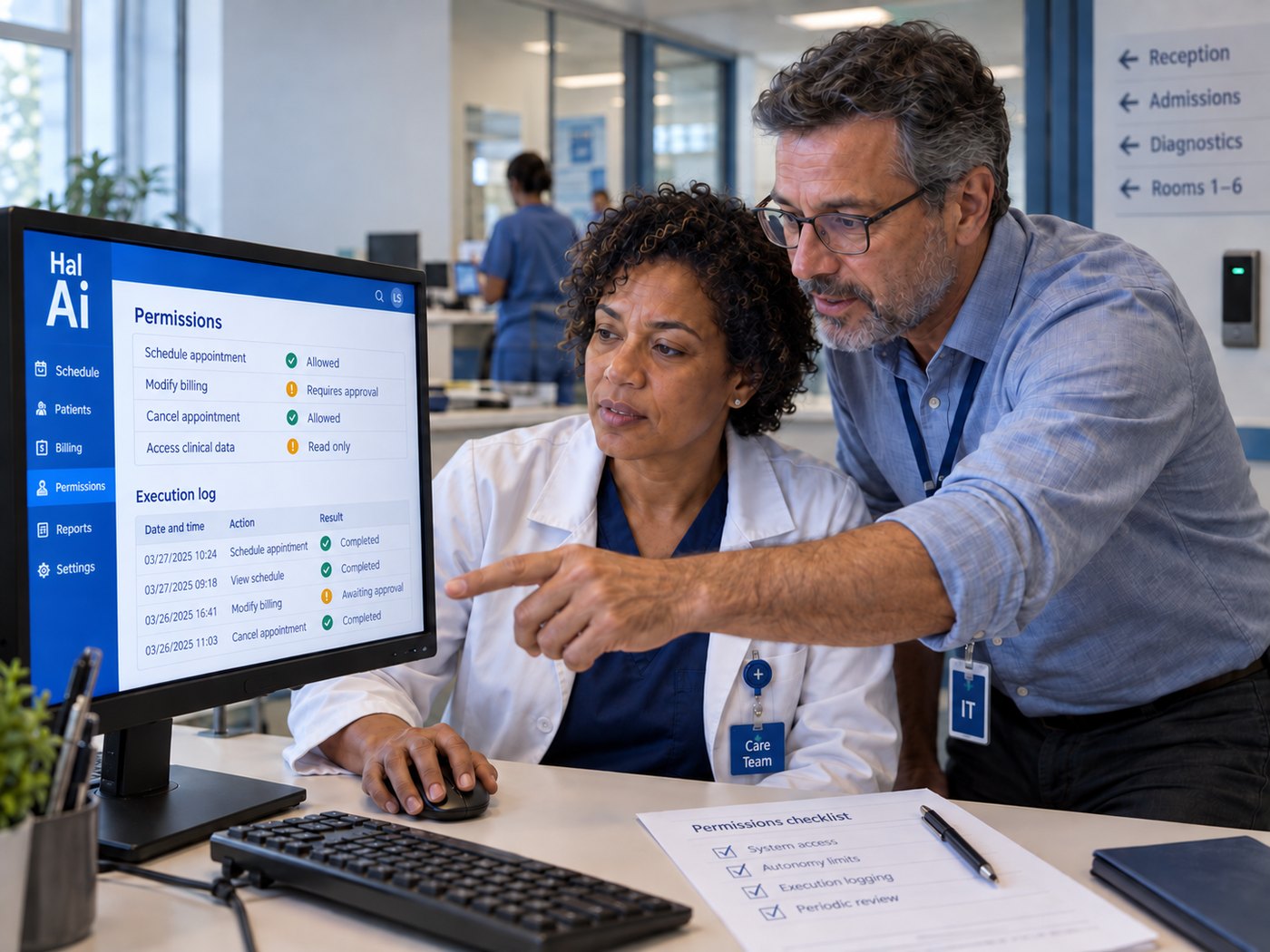 A doctor in a white coat and an IT staffer at a monitor by the nursing station, looking at the Hal-AI Permissions screen: schedule appointment allowed, modify billing requires approval, access clinical data read only — and below it the execution log, with the date, action and result of each run.