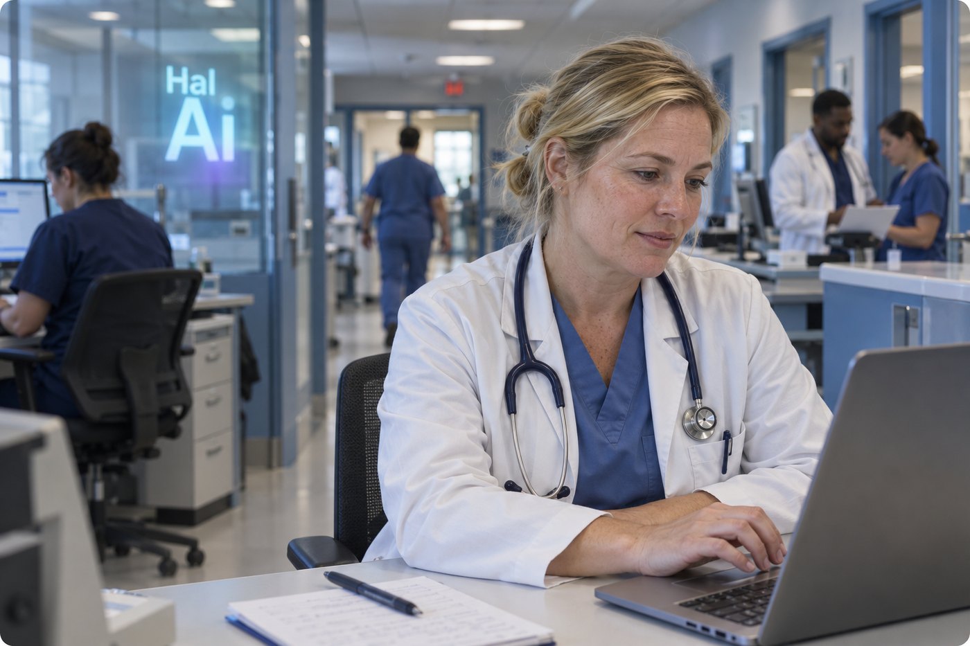 Médica de jaleco branco e estetoscópio trabalhando no notebook no balcão de um posto de enfermagem, com a marca Hal-AI numa divisória de vidro ao fundo e a equipe do hospital circulando.