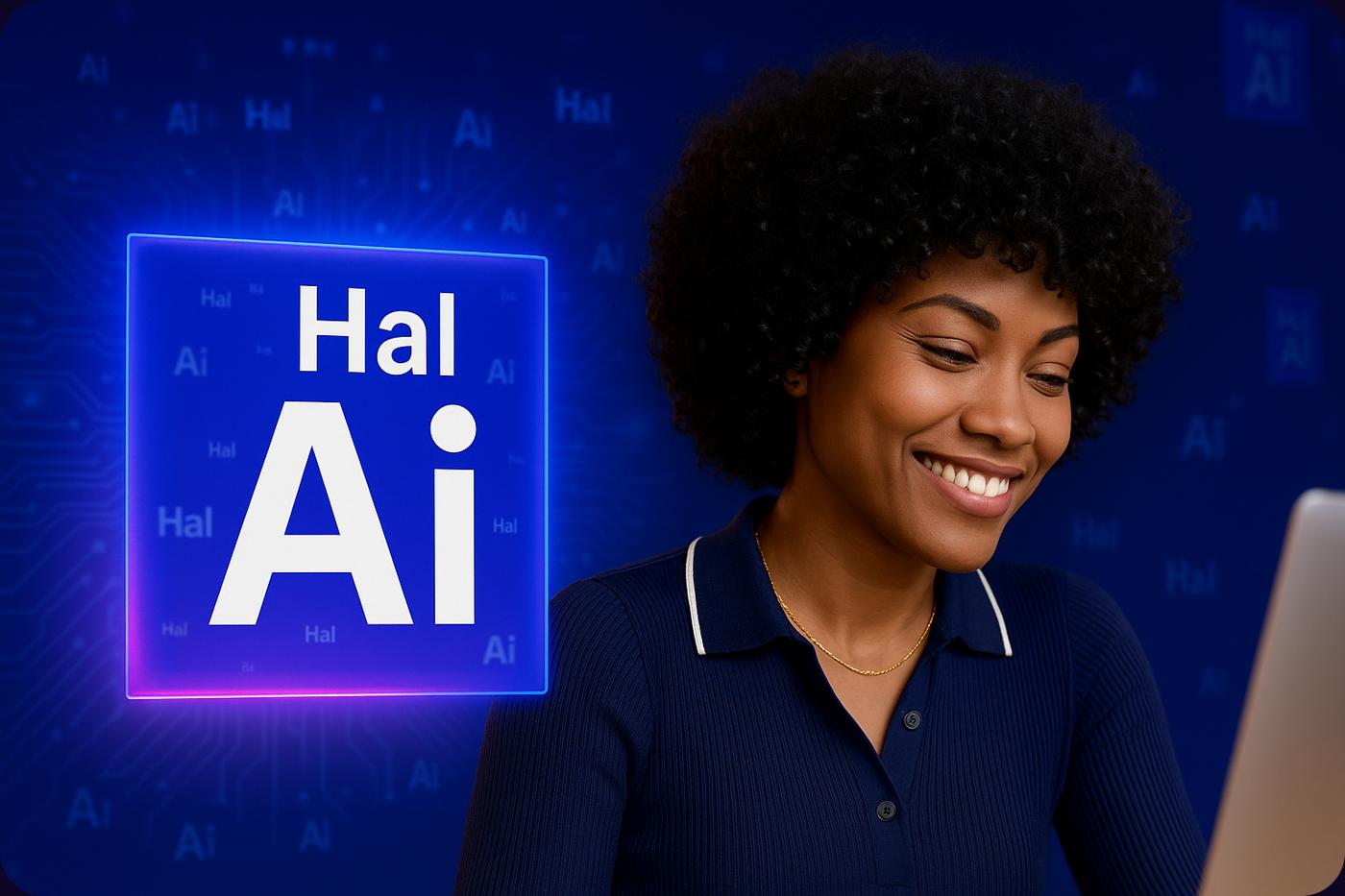 Peça institucional da Hal-AI com a marca sobre fundo escuro e elementos gráficos de rede.