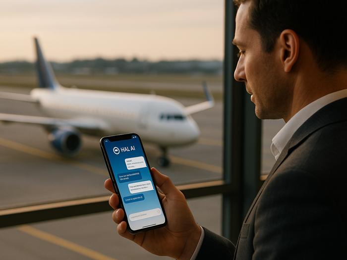 Passageiro conversa com o agente Hal-AI pelo celular diante da janela do aeroporto, com um avião na pista ao fundo.