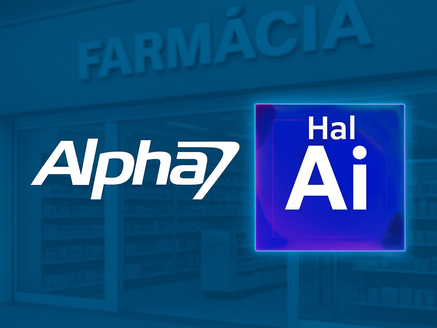 Pharmacy counter with a clerk and a customer beside a phone showing an automated conversation with the Hal-AI agent on WhatsApp