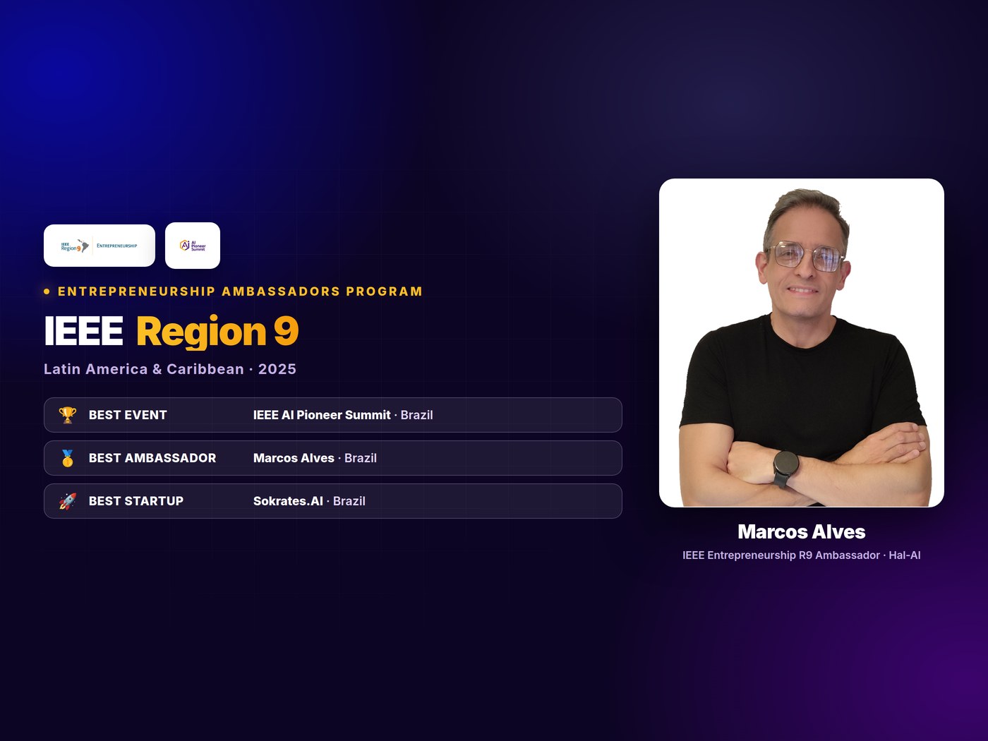 Marcos Alves, embaixador do IEEE Entrepreneurship R9 e CEO da Hal-AI, ao lado dos prêmios de melhor evento, melhor embaixador e melhor startup do IEEE Region 9 em 2025.