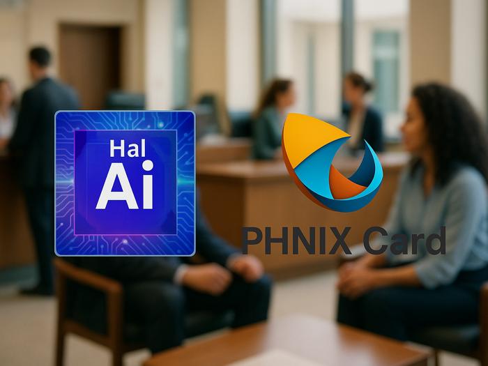 Atendimento em agência financeira ao fundo, com as marcas Hal-AI e PHNIX Card em primeiro plano.