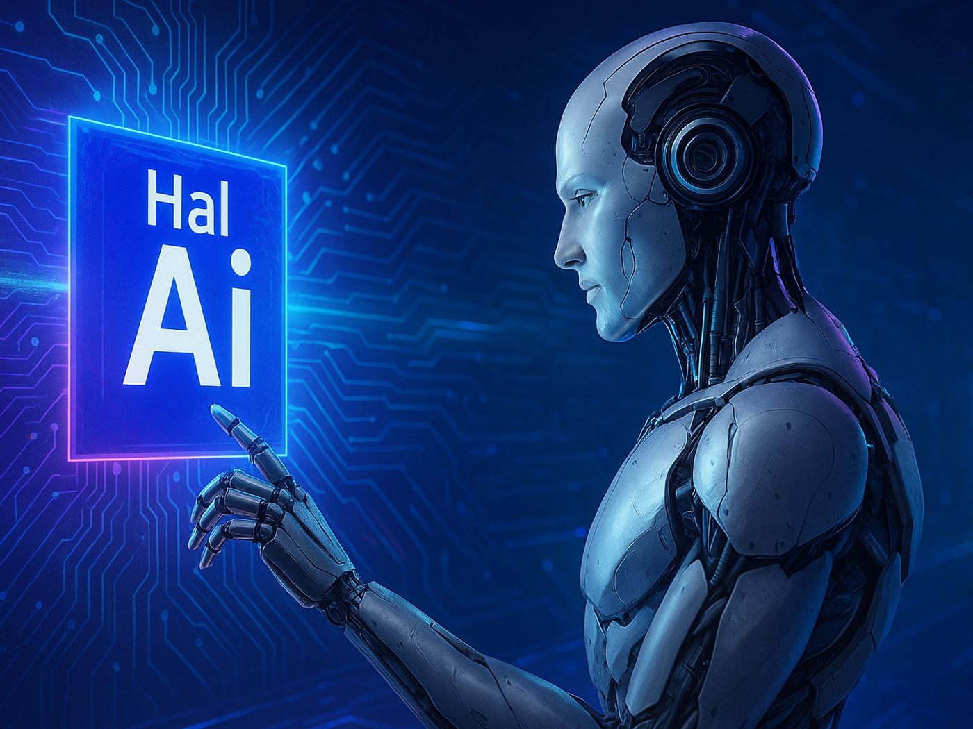 An AI humanoid reaching out to touch a glowing Hal-AI chip seated on a circuit board, an original Hal-AI illustration for the patented memory framework